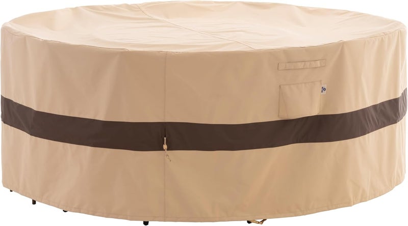 WJ-X3 غطاء أثاث فناء دائري، 84" قطر × 31" ارتفاع، مقاوم للماء، مقاوم للأشعة فوق البنفسجية، غطاء خارجي مضاد للتلاشي لطاولة طعام وكراسي دائري، بيج وقهوة - Image 1